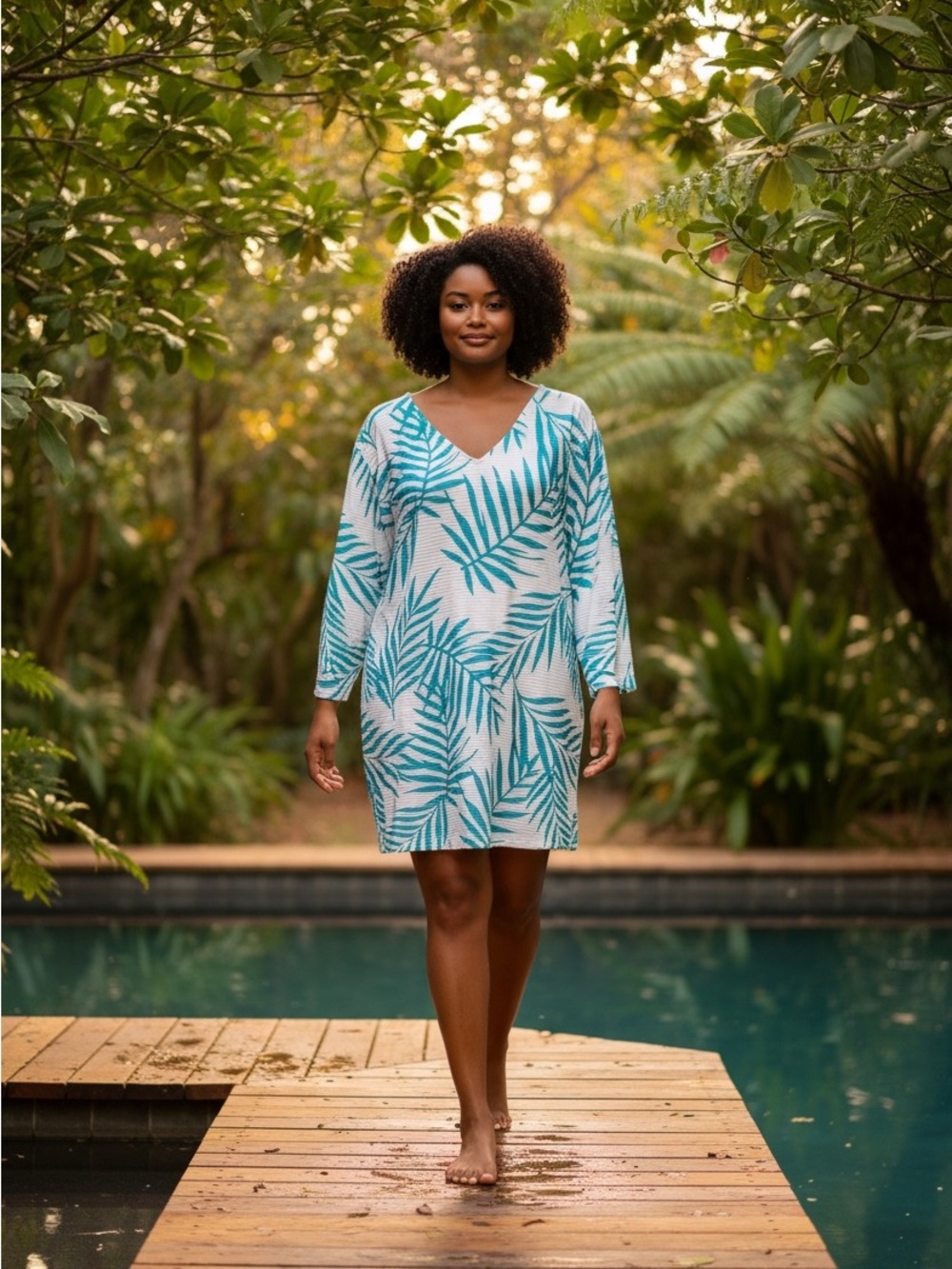 Portocruz Women's Teal Palm-Print V-Neck Swim Cover-Up